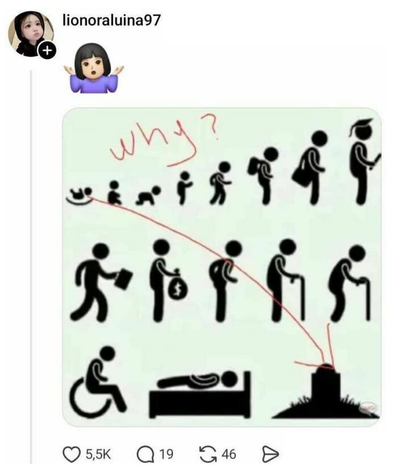 Diagram showing human evolution ending with a person in a wheelchair and a person lying in bed.