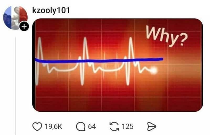 Heartbeat line with a blue line and the word Why? on a red background.