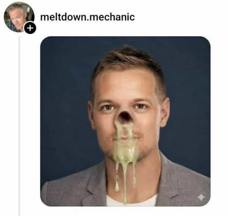 Man with a melted green substance dripping from his nose and mouth.