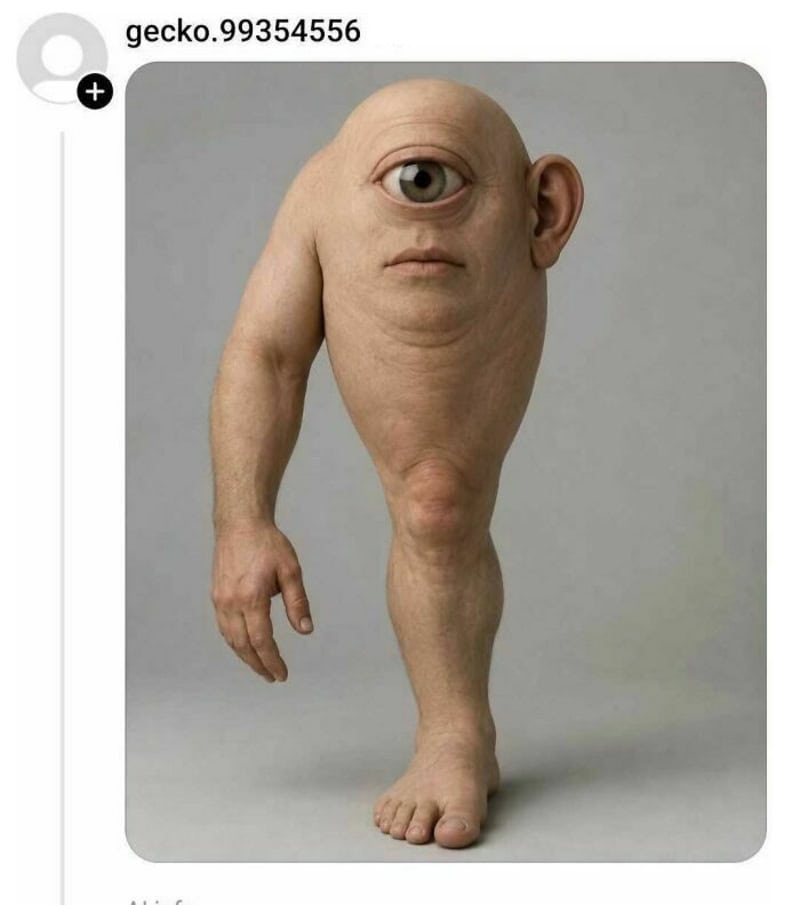 Humanoid creature with one eye, one arm, and one leg, standing on a gray background.