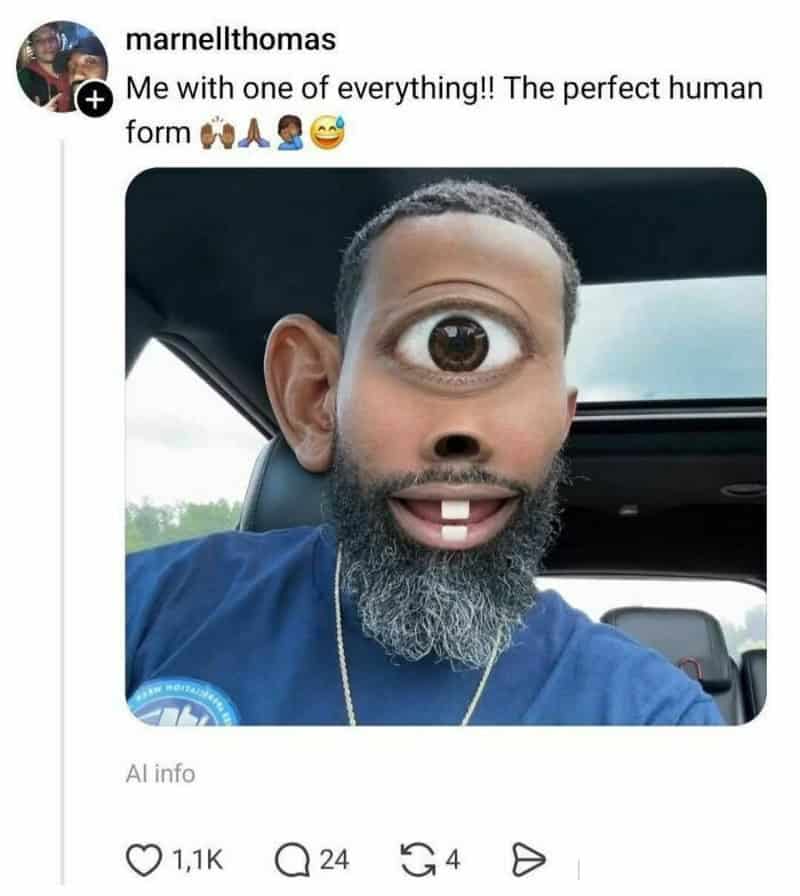 Humorous photo of a man with a large eye and big teeth filter.