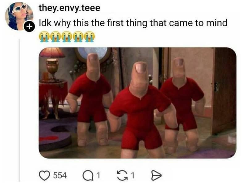 Three people with heads replaced by fingers in red outfits.