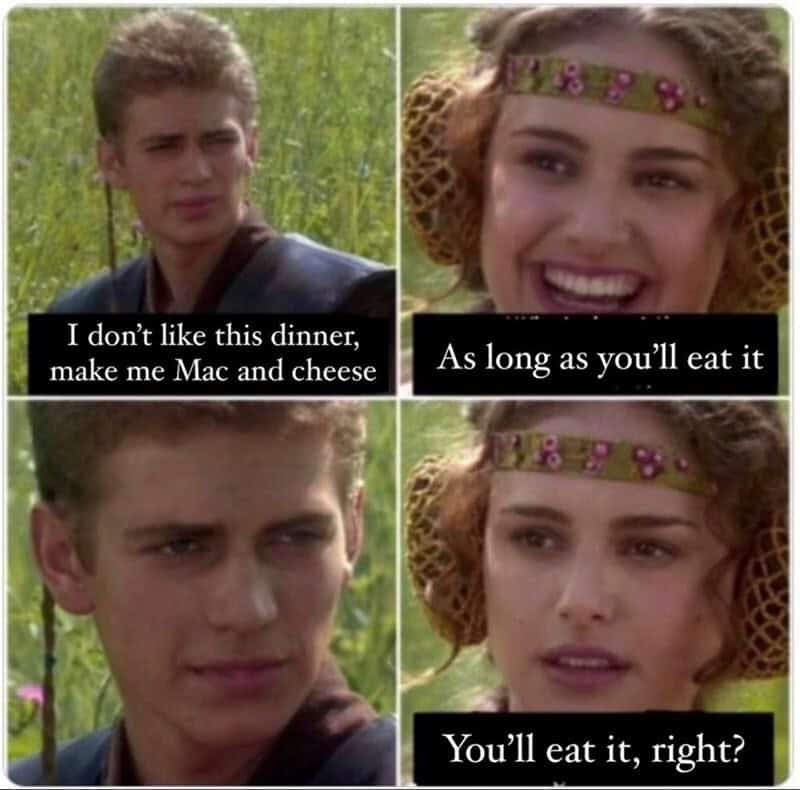 "Girl and boy with text about dinner preferences and eating habits".