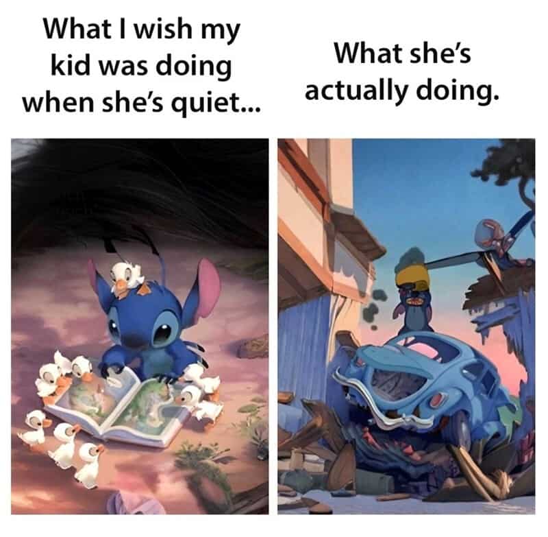 A colorful cartoon image showing a comparison between a child's wish and reality with Stitch from Li.