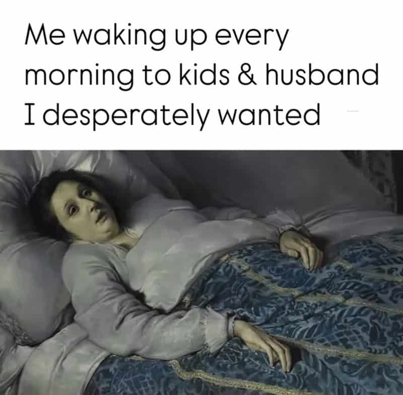 Woman lying in bed with kids and husband, looking tired, with text overlay about waking up early.