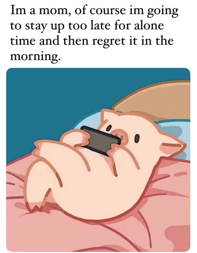 Mom lying in bed with piglet using a phone, regret about staying up late.