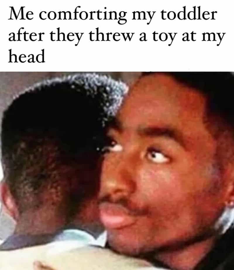 "Me comforting my toddler after they threw a toy at my head".