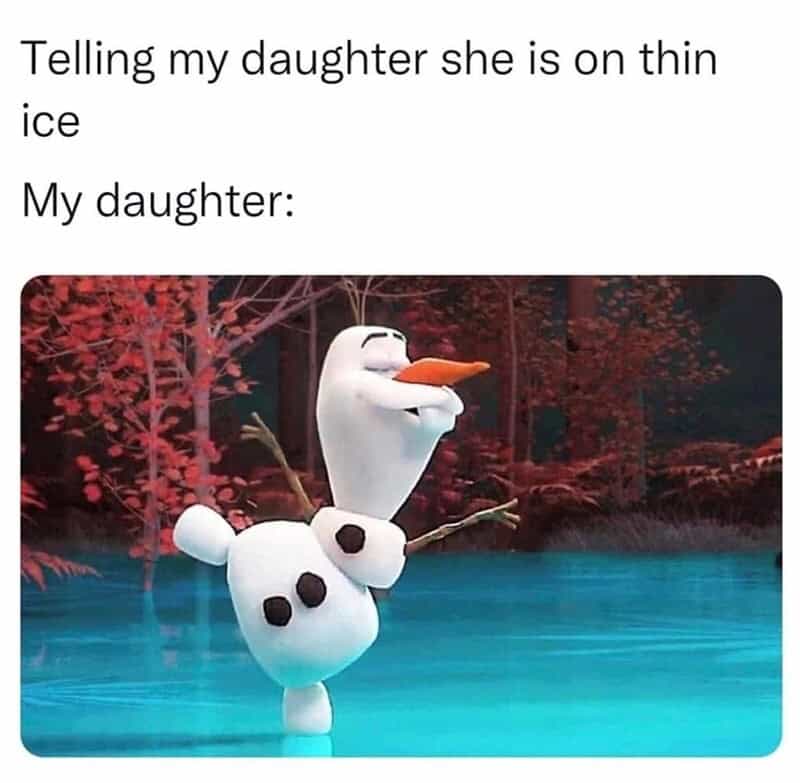 Olaf balancing on one foot on thin ice with red trees in background.