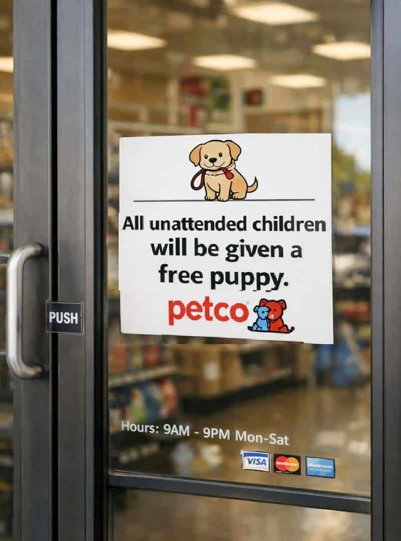 All unattended children will be given a free puppy Petco.