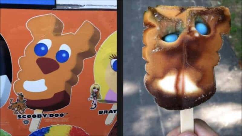 Scooby-Doo themed ice cream bar with blue eyes and a brown face.