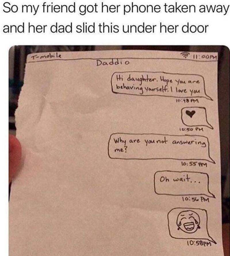 Note from dad to daughter on a torn piece of paper with a heartfelt message and drawings.