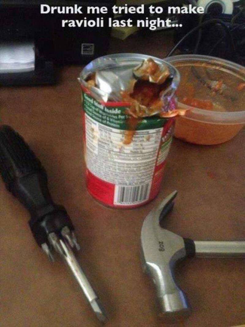 Drunk attempt to make ravioli from a can last night, with tools and sauce nearby.