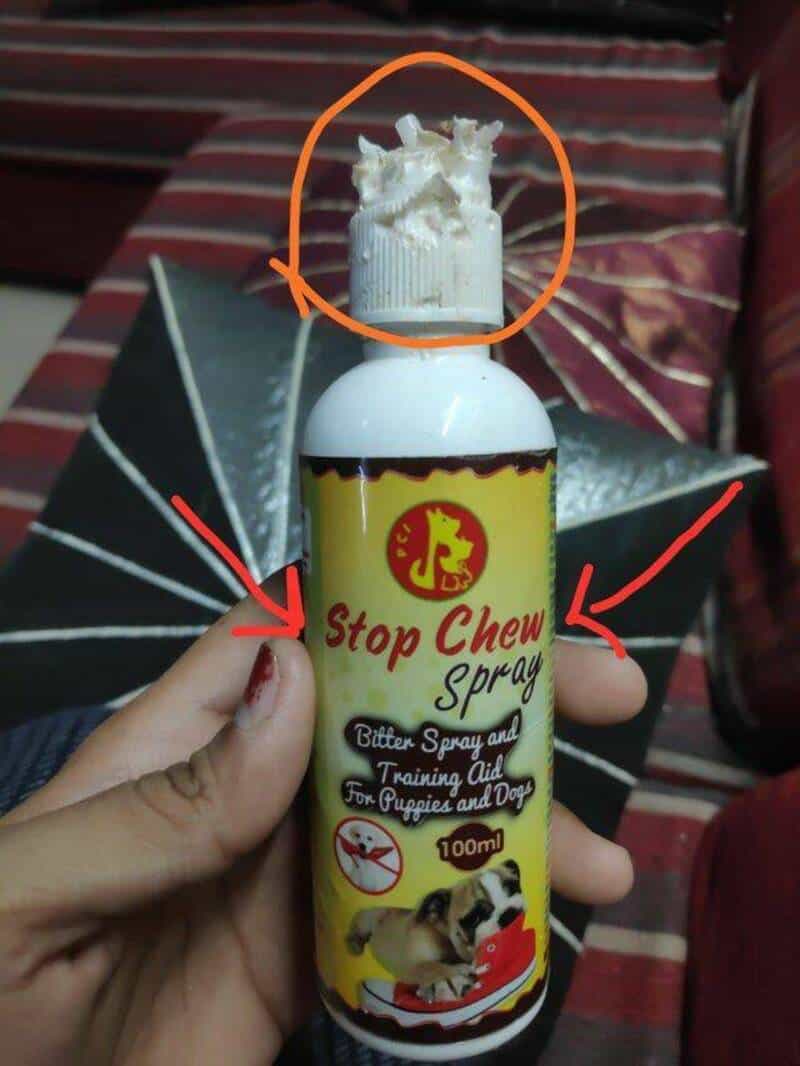 Stop Chew Spray bottle with a dog illustration and a warning symbol.