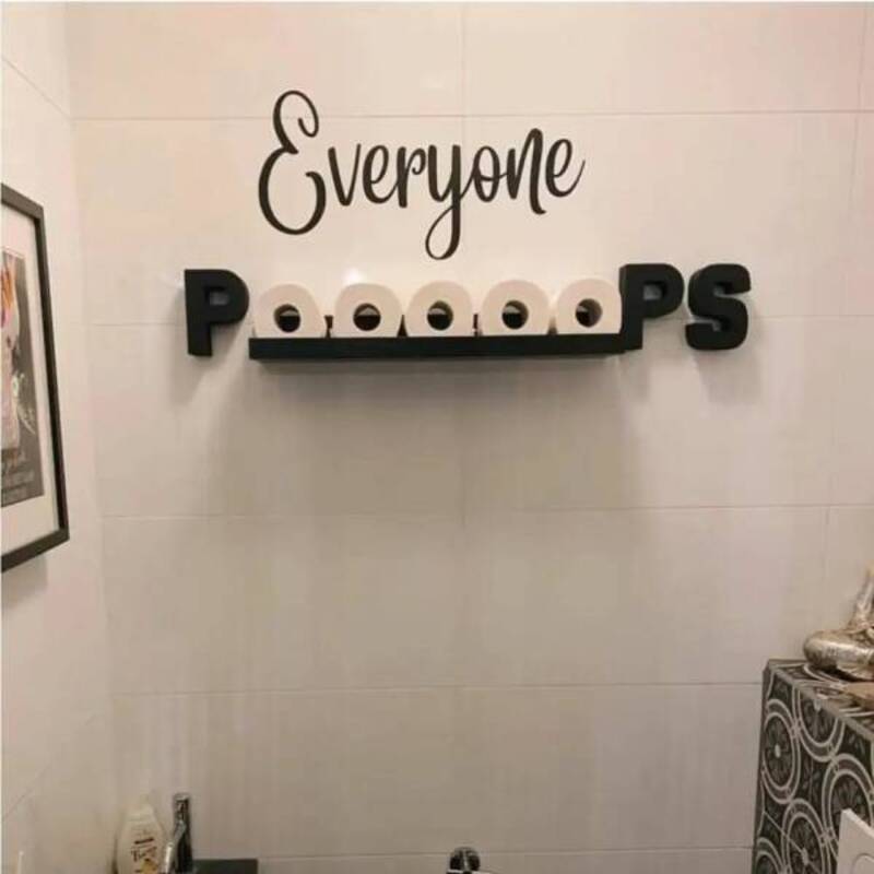 "Everyone P.O.O.P.S" sign with toilet paper rolls on a shelf.