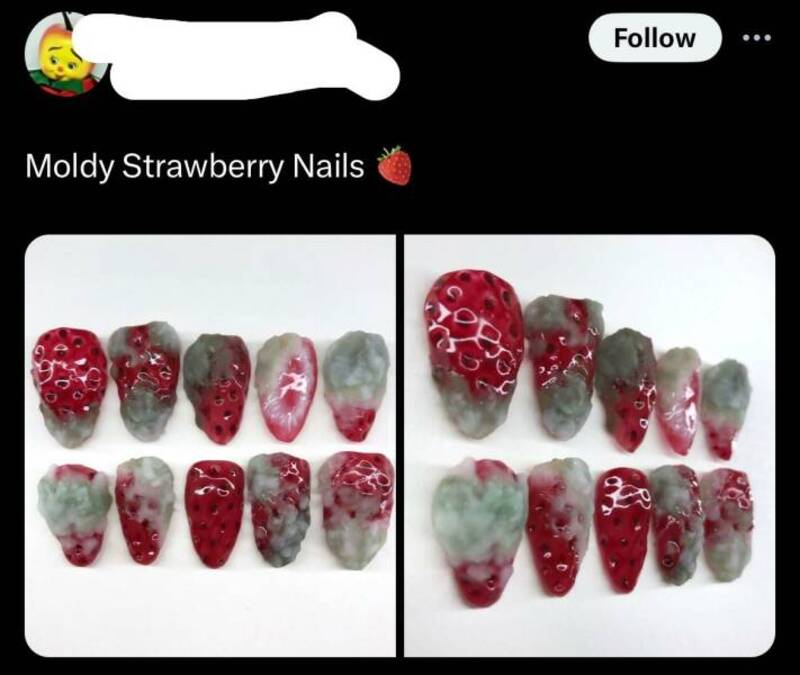Moldy strawberry nails with green and red mold on nail tips, shown in two different angles.