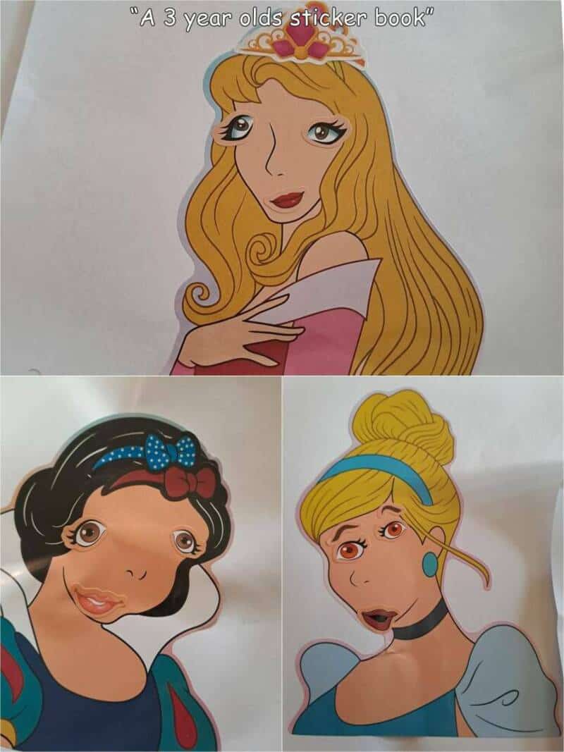 A woman with long blonde hair and a crown, holding a book, from "A 3 year olds sticker book".