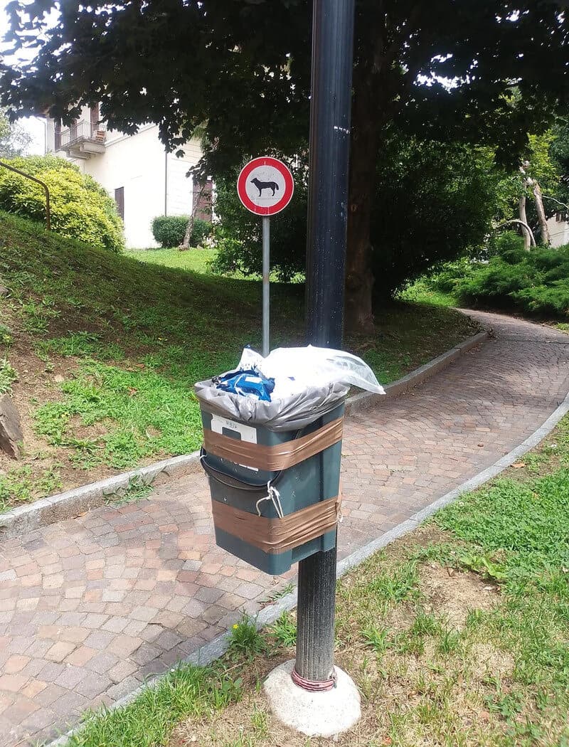 No dogs allowed sign on a pole with trash bag and boxes attached.