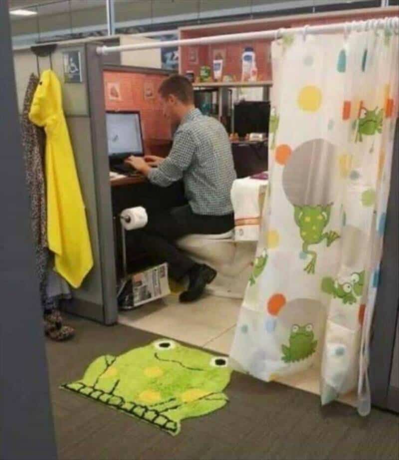 Office cubicle with a man working at a computer, partially hidden by a colorful frog-themed shower c.