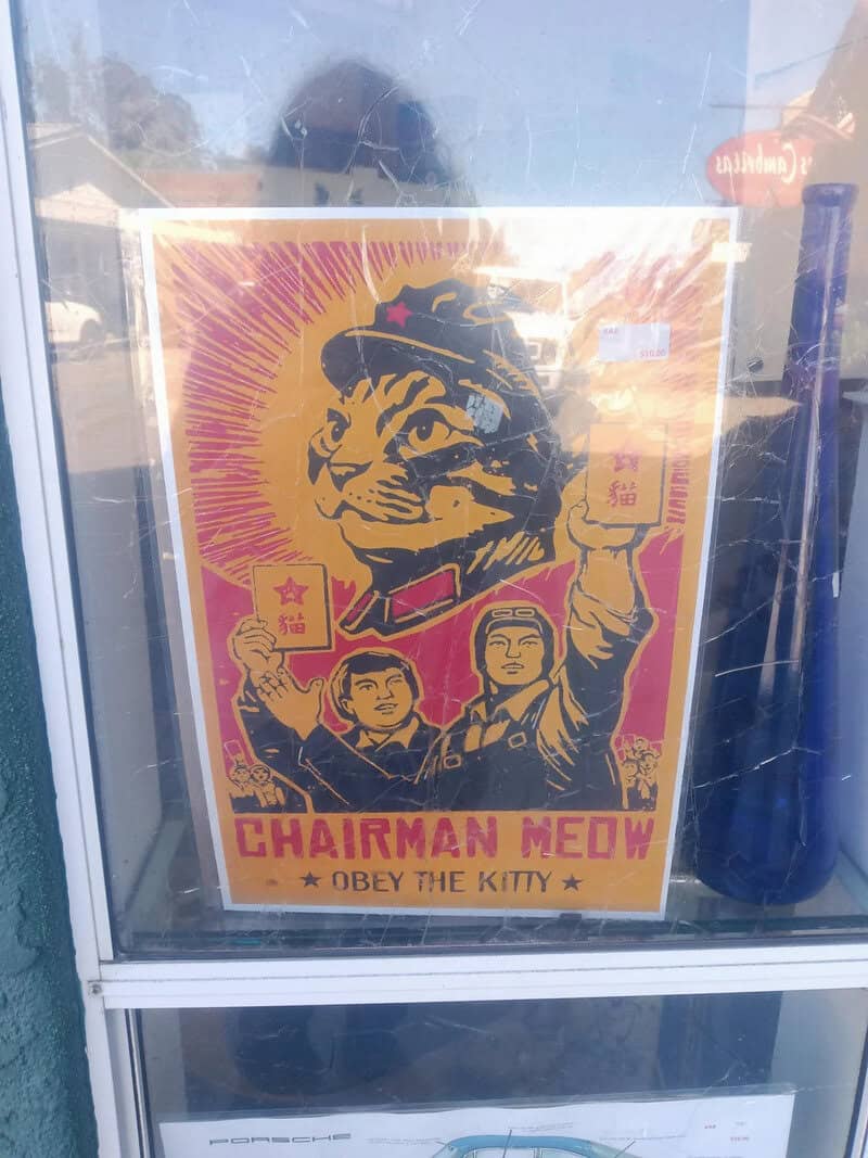 "Chairman Meow" poster with a cat wearing a military hat, holding a card, and two people in front, w.