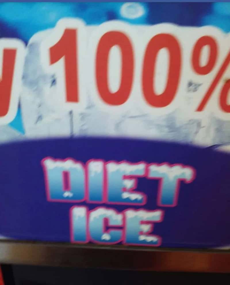 100% Diet Ice sign with bold red and blue text on a colorful background.