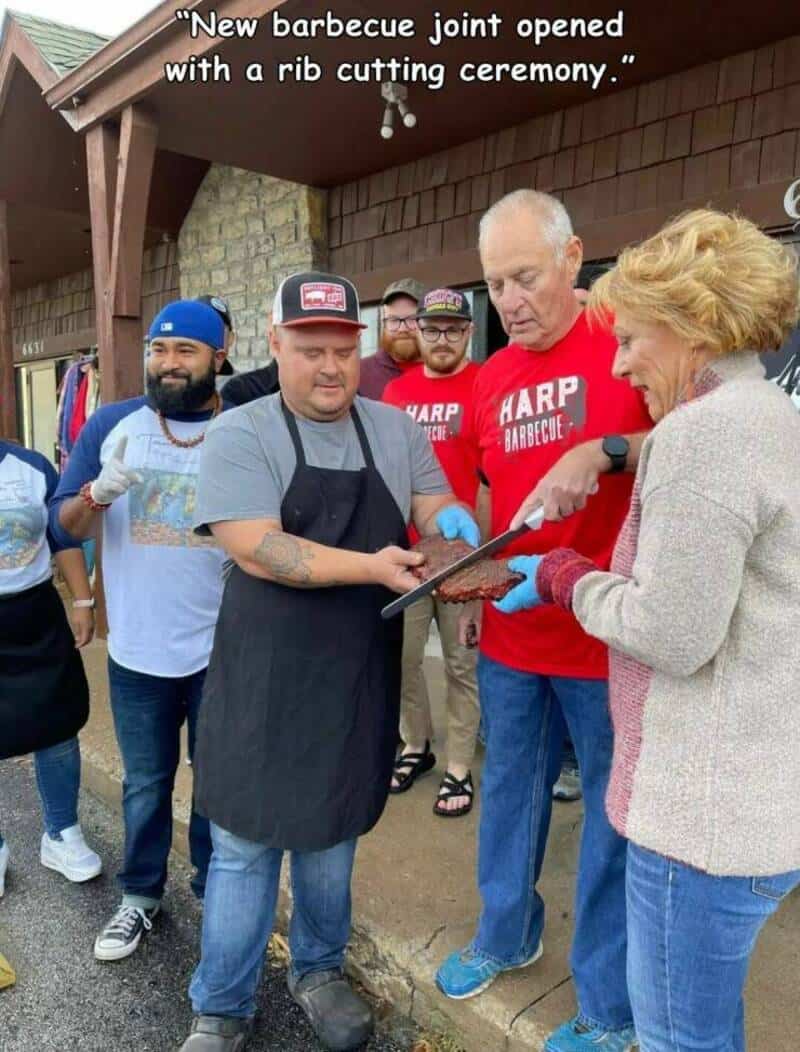 "New barbecue joint opened with a rib cutting ceremony.".