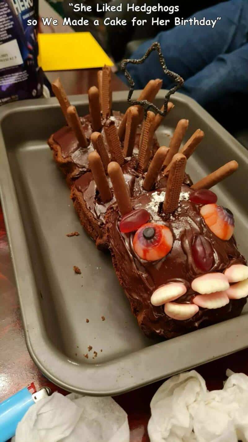 Chocolate hedgehog cake with biscuit sticks, red candies, and a star-shaped decoration on top.