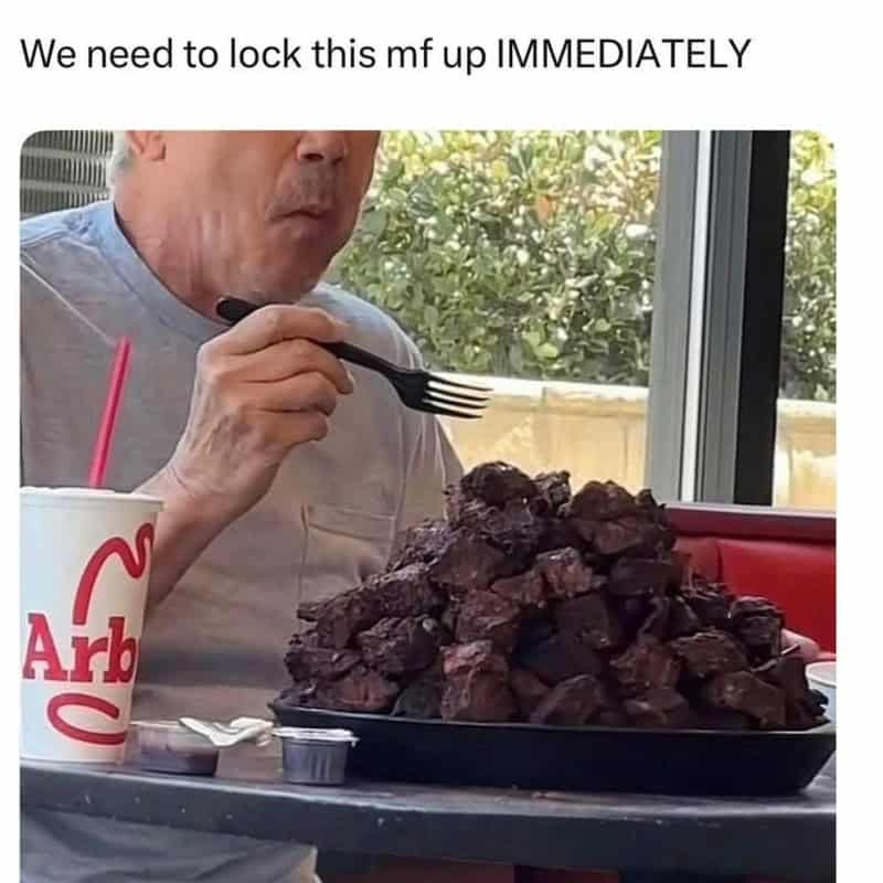 Man with fork about to eat a large pile of meat with text about locking it up.