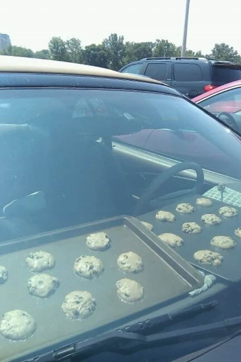 Cookies cooling on trays inside a car, seen through the windshield.