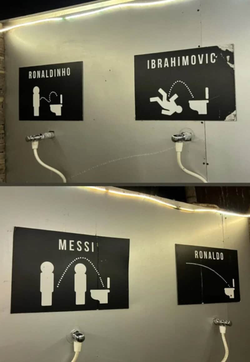 Signs showing football players Ronaldinho, Messi, Ibrahimovic, and Ronaldo with humorous water spray.