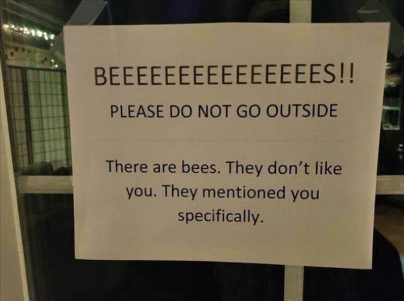 Sign warns not to go outside due to bees, saying they don't like you and mentioned you specifically.