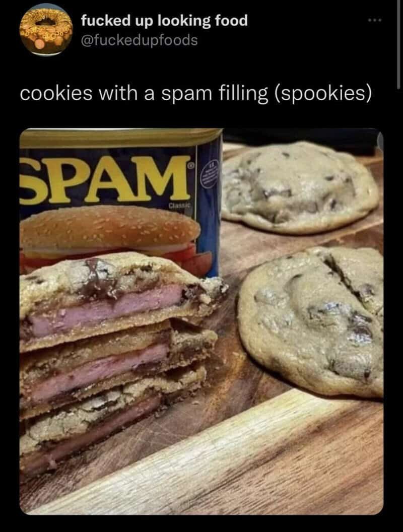 Cookies with spam filling and chocolate chip cookies on a wooden surface.
