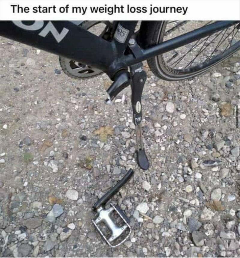 Bike with broken pedal on gravel, captioned 'The start of my weight loss journey'.