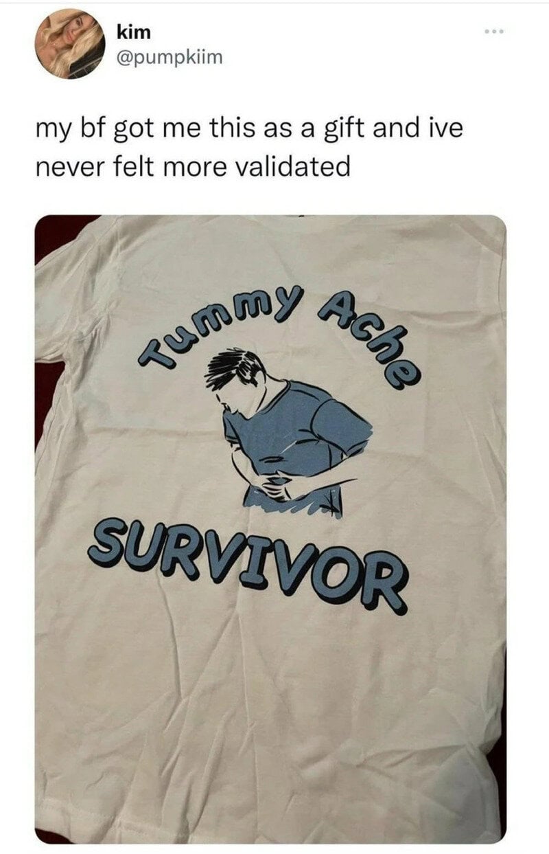 Tummy Ache Survivor T-shirt with a person holding their stomach.