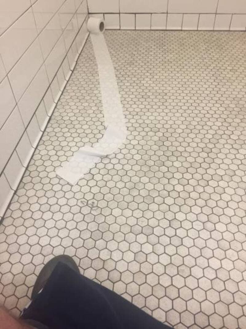 Toilet paper roll on the floor with a long unrolled sheet on the tiled bathroom floor.