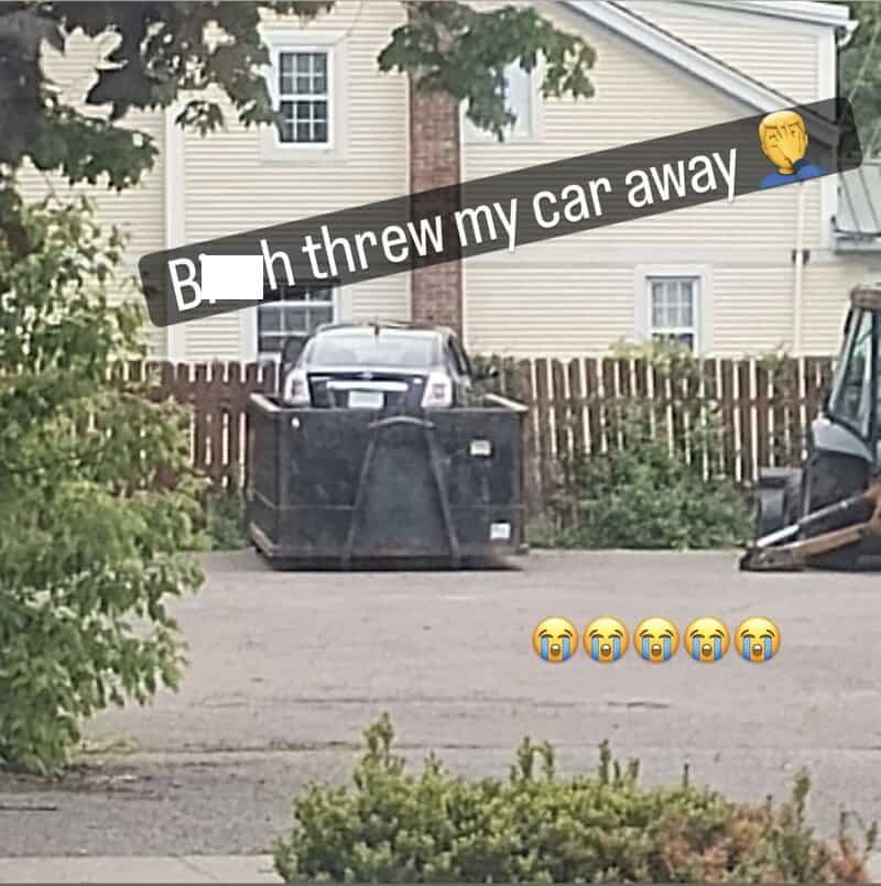 Trash can with a car behind it and a caption about throwing a car away.