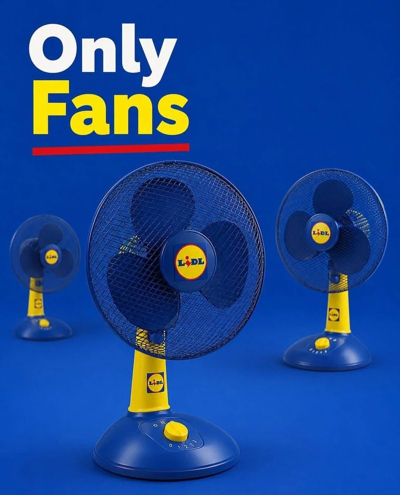 Three blue and yellow Lidl fans with the text "Only Fans" on a blue background.