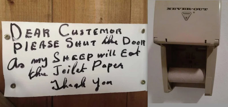 Sign requesting customers to shut the door so the sheep won't eat the toilet paper.