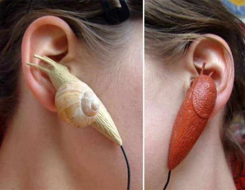 Ears with snail and wooden earphone covers, funny pictures.