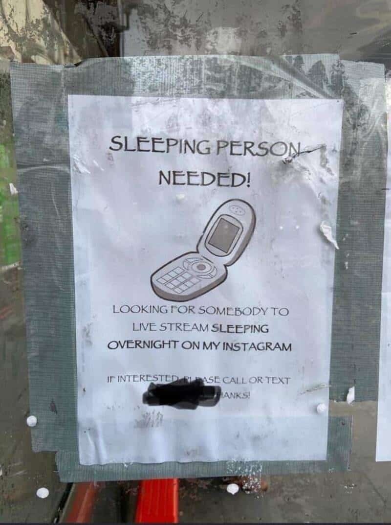 Sleeping person needed! Looking for someone to live stream sleeping overnight on Instagram.