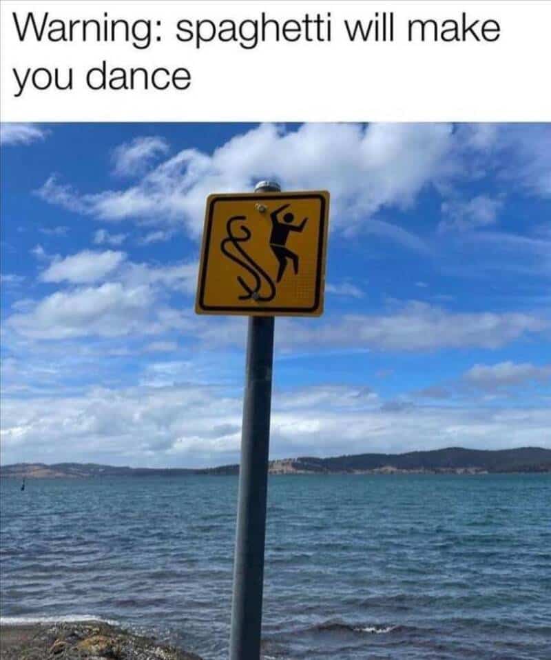Warning sign with a person slipping and falling, with text about spaghetti.