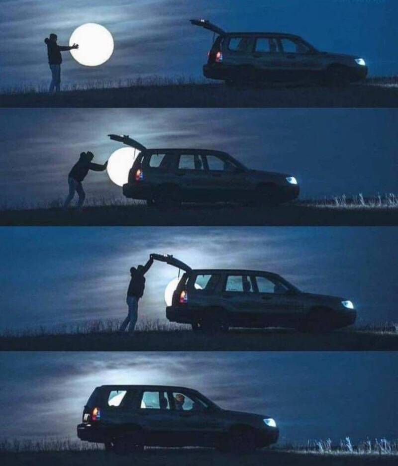 Person pushes car with moon in background, then uses a crane to lift it, and finally drives away.
