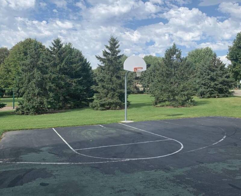 Empty basketball court with a damaged hoop and cracked surface, surrounded by trees.
