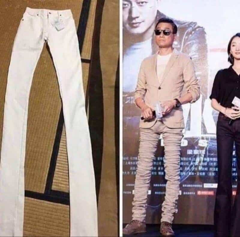 Pair of white pants and a man with pants that look like they are the same but are actually different.