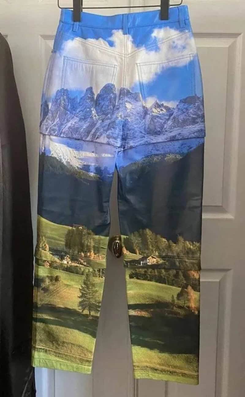 Pants with a mountain and landscape print, blue sky, and green fields.