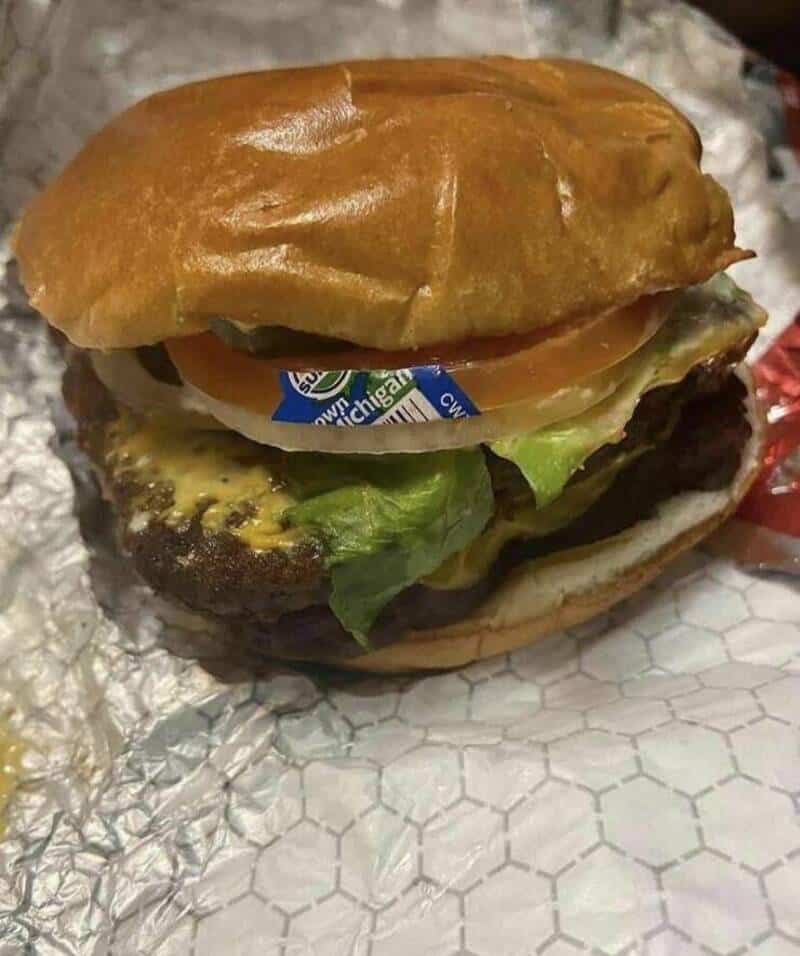 Cheeseburger with lettuce, tomato, and pickles on a bun.