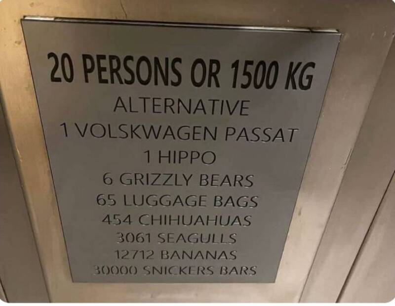 20 PERSONS OR 1500 KG ALTERNATIVE 1 VOLKSWAGEN PASSAT 1 HIPPO 6 GRIZZLY BEARS 65 LUGGAGE BAGS 454 CH.
