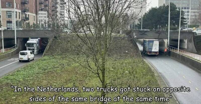 A truck stuck on opposite sides of the same bridge in the Netherlands.