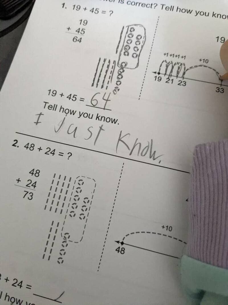 19 + 45 = 64, with a handwritten note saying "I just Knew." The image shows a math worksheet with ad.