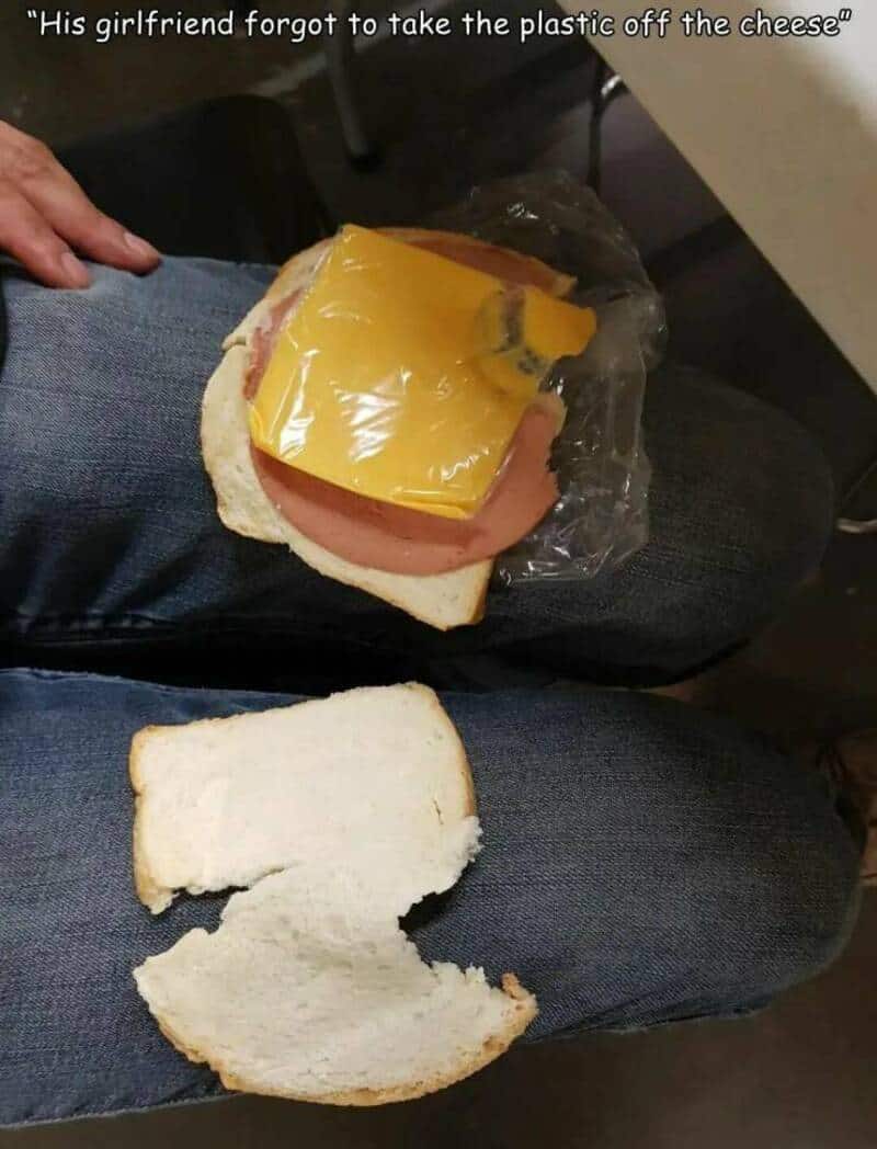 His girlfriend forgot to take the plastic off the cheese.