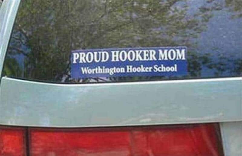 Proud Hooker Mom sticker on car with Worthington Hooker School text.